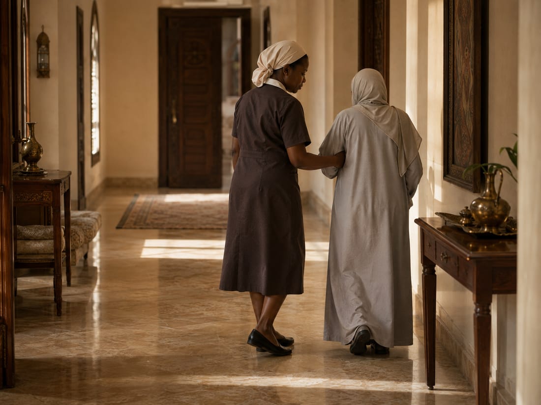 مقدّمة رعاية تسير بجانب سيدة مسنّة في ممر تغمره أشعة الشمس